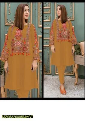 2 Pcs Women's Stitched Linen Embroidered Shirt And Trouser