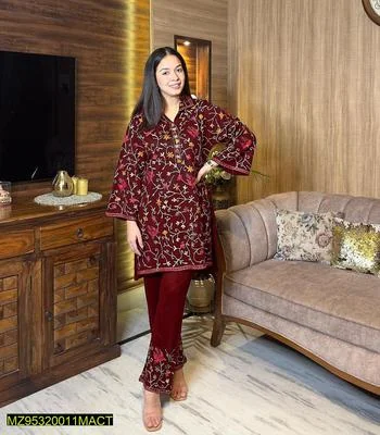 2 Pcs Women's Stitched Katan Silk Embroidered Suit thumbnail 4