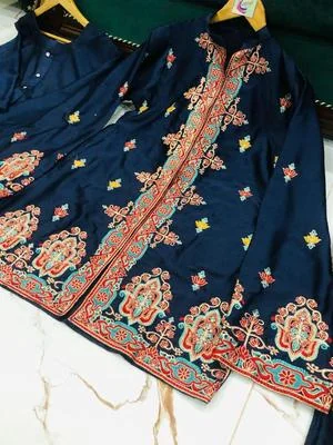 2 Pcs Women's Stitched Katan Silk Embroidered Short Cardigan Gown thumbnail 2