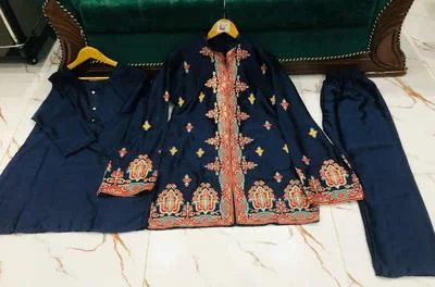 2 Pcs Women's Stitched Katan Silk Embroidered Short Cardigan Gown thumbnail 3