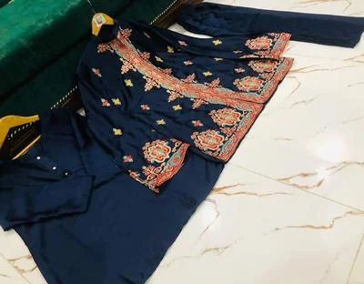 2 Pcs Women's Stitched Katan Silk Embroidered Short Cardigan Gown thumbnail 4
