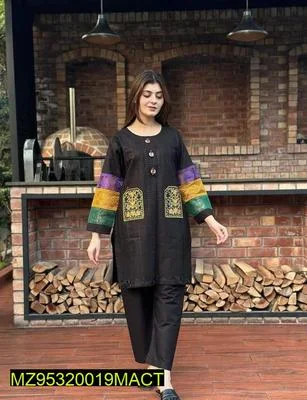 2 Pcs Women's Stitched Cotton Embroidered Shirt And Trouser thumbnail 4