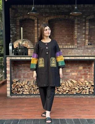 2 Pcs Women's Stitched Cotton Embroidered Shirt And Trouser thumbnail 2