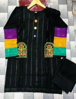 2 Pcs Women's Stitched Cotton Embroidered Shirt And Trouser thumbnail 3