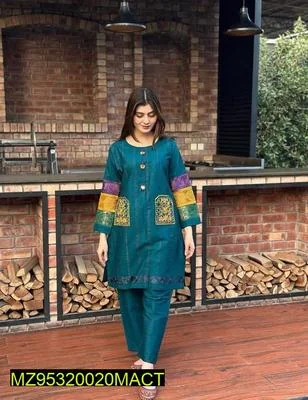 2 Pcs Women's Stitched Cotton Embroidered Frock And Trouser thumbnail 4