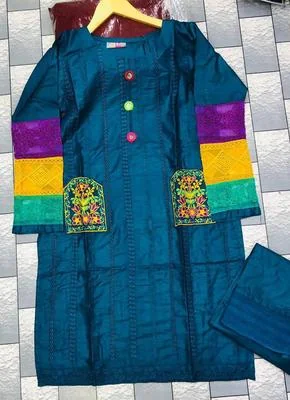 2 Pcs Women's Stitched Cotton Embroidered Frock And Trouser thumbnail 3