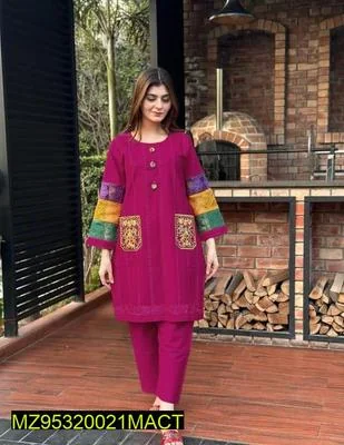 2 Pcs Women's Stitched Cotton Embroidered Frock And Trouser thumbnail 3
