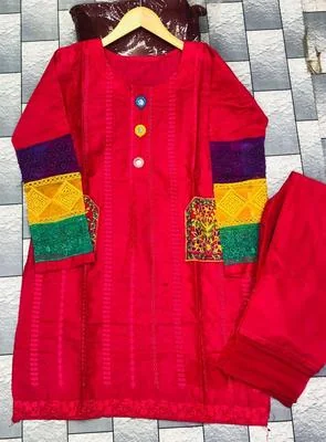 2 Pcs Women's Stitched Cotton Embroidered Frock And Trouser thumbnail 2