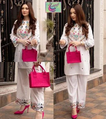 Chic White Embroidered Linen Shirt and Trouser Set for Women thumbnail 2