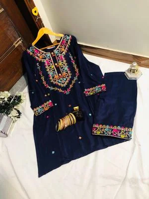 Women's Stitched Embroidered Linen Shirt and Trouser Set with Round Neck thumbnail 2