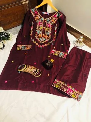 Stylish Maroon Embroidered Linen Shirt and Trouser Set for Women thumbnail 3