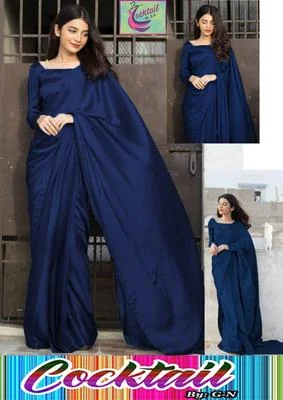 Stylish Blue Shalmose Silk Stitched Saree Set - 3 Pcs