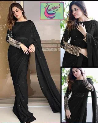 Stunning Black Sequins Embroidered Crinkle Chiffon Stitched Saree Set - 3 Pcs