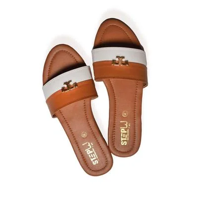 Brown Rexine Slides with Gold Logo for Women