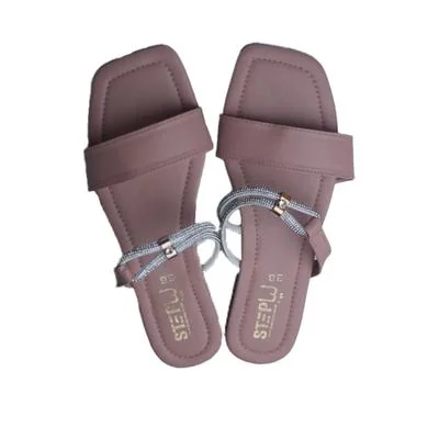 Peach Rexine Flat Sandals with Metallic Strap