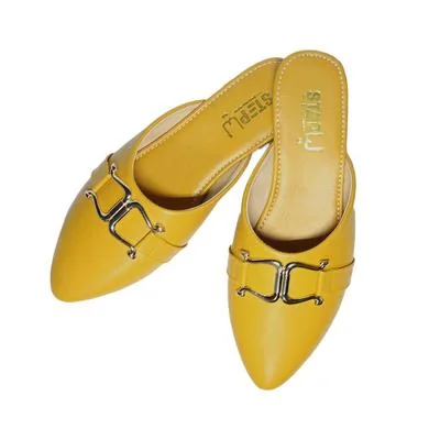 Yellow Pointed Toe Mules with Metallic Buckle