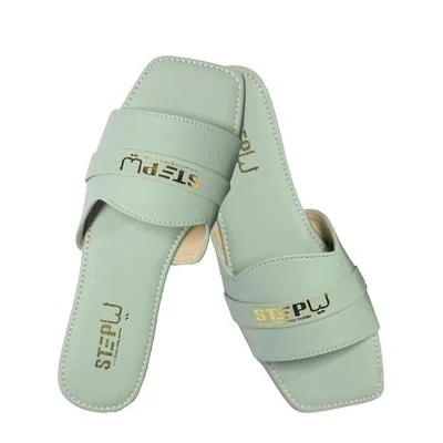 Green Rexine Slides for Women with Gold Embroidery