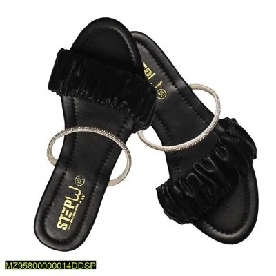 Black Ruffled Flat Sandals for Women with Silver Strap thumbnail 3