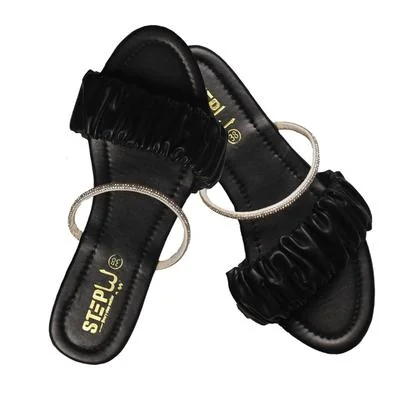 Black Ruffled Flat Sandals for Women with Silver Strap