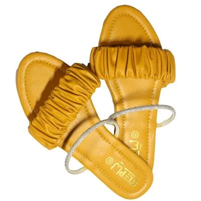 Yellow Rexine Flat Sandals with Sparkle Ankle Band