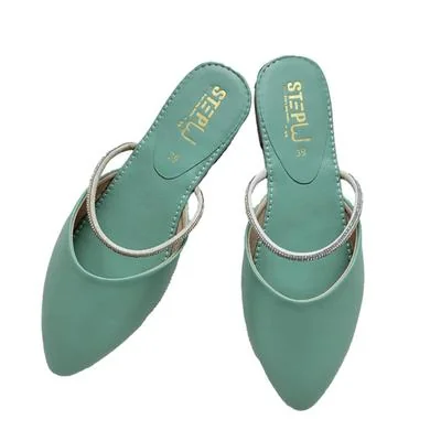 Green Pointed Toe Rexine Slides for Women
