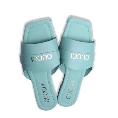 Women's Light Blue Rexine Slippers with Gold GUCCI Brand