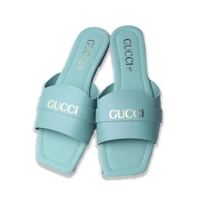 Women's Light Blue Rexine Slippers with Gold GUCCI Brand thumbnail 2