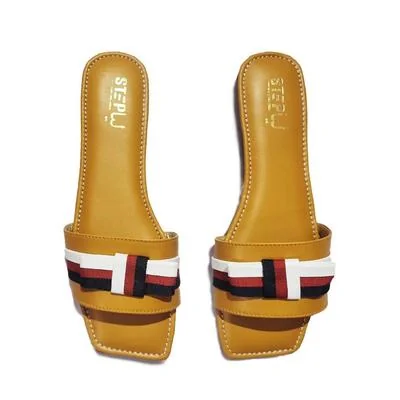 Women's Red Bow Slippers with Square Toe & Leather Sole