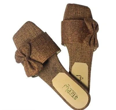 Women's Bow Slippers Brown Woven Casual Eid Comfort