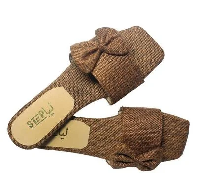 Women's Bow Slippers Brown Woven Casual Eid Comfort thumbnail 2