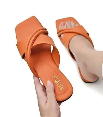 Orange Cross-Strap Women's Flat Slides thumbnail 2