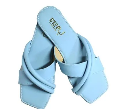 Blue Cross-Strap Rexine Slides for Women thumbnail 2