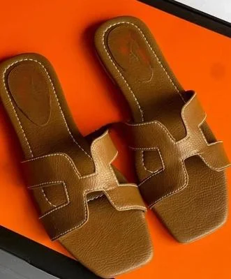 Women's H-Strap Brown Rexine Slides Casual Flat Sandals