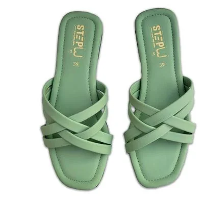 Green Rexine Cross Strap Slides Size 39