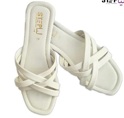 White Rexine Crisscross Flat Sandals Size 9