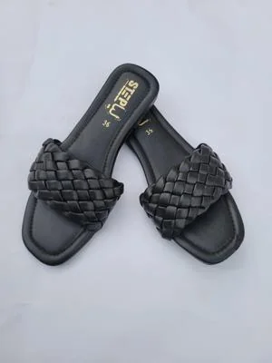 Black Woven Slipper Flat Shoes for Women