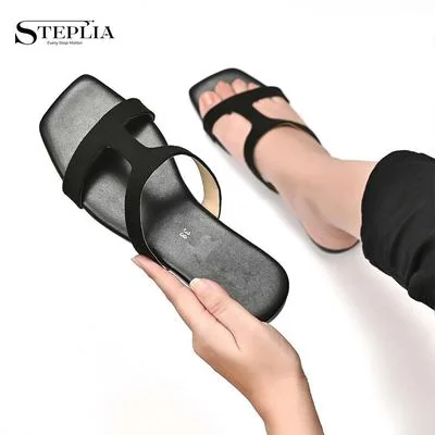 Women's Black Rexine T-Strap Slippers Flat Sole