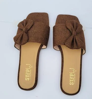 Brown Rexine Bow Flat Slides for Women