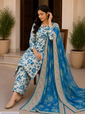Blue Digital Print Lawn 3Pcs Suit for Women