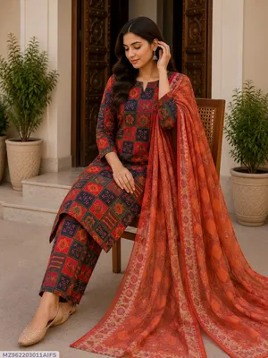Orange Digital Print Lawn 3Pcs Set for Women