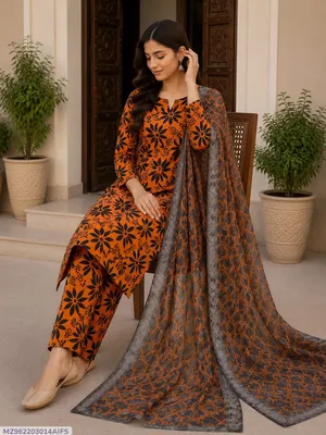 Orange Digital Print Lawn 3Pcs Suit for Women