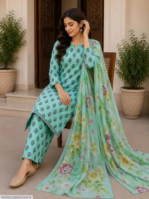 Women's Blue Printed Lawn 3-Piece Suit Set for Bakra Eid