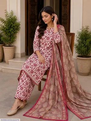 Red Digital Print Lawn 3Pcs Set for Women