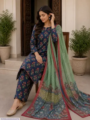 Blue Digital Print Lawn 3Pcs Set for Women