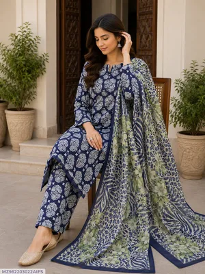 Blue Digital Print Lawn 3Pcs Suit for Women