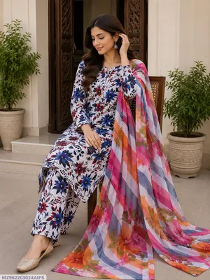 Women's 3Pcs Lawn Printed Suit White Dupatta