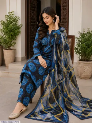 Blue Digital Print Lawn 3Pcs Suit for Women