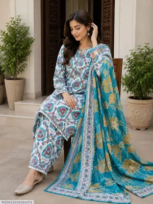 Blue Digital Print Lawn 3Pcs Set for Women