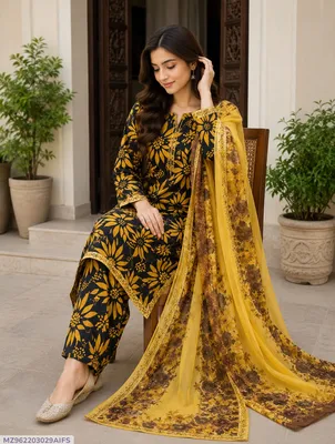 Yellow Digital Print Lawn 3Pcs Suit for Women