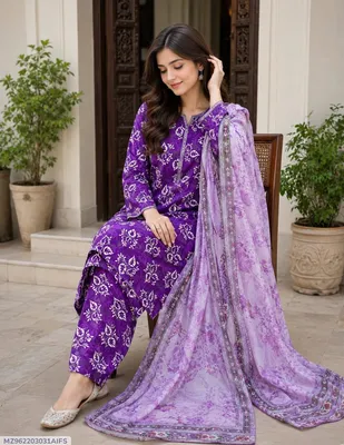 Purple Digital Print Lawn 3Pcs Suit for Women